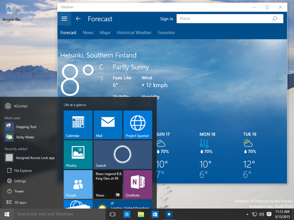 Menú Inicio y El Tiempo en Windows 10 Build 10120