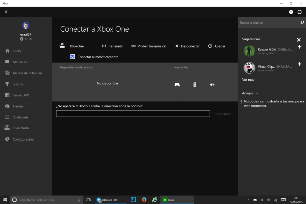 Pantalla de conexión a Xbox One en la app Xbox de Windows 10