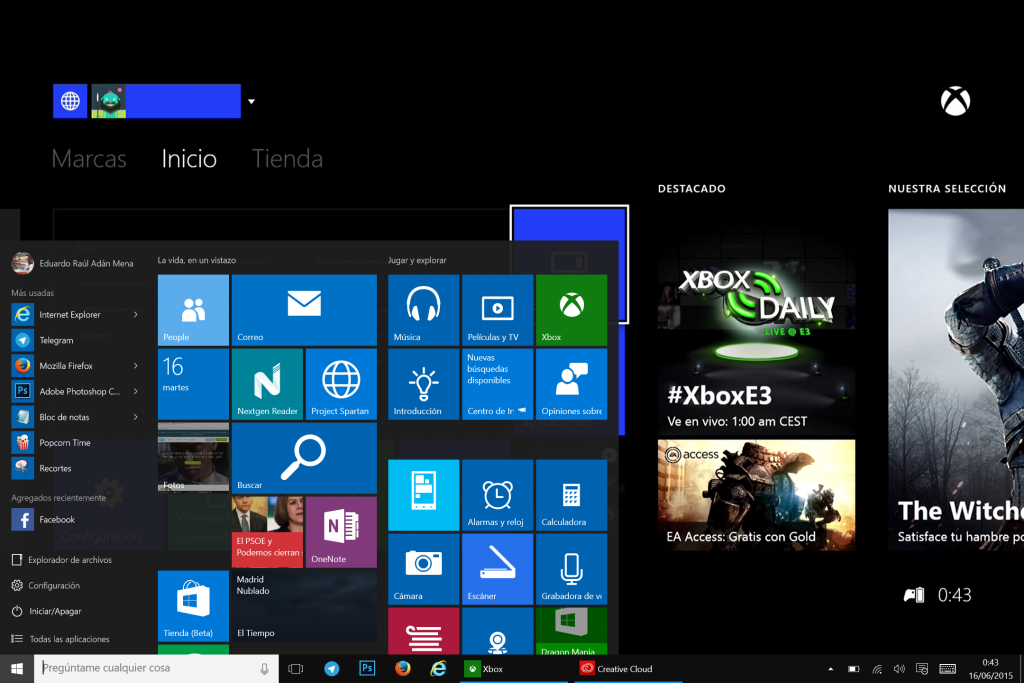 Pantalla de inicio de la Xbox One en un dispositivo Windows 10 mediante streaming