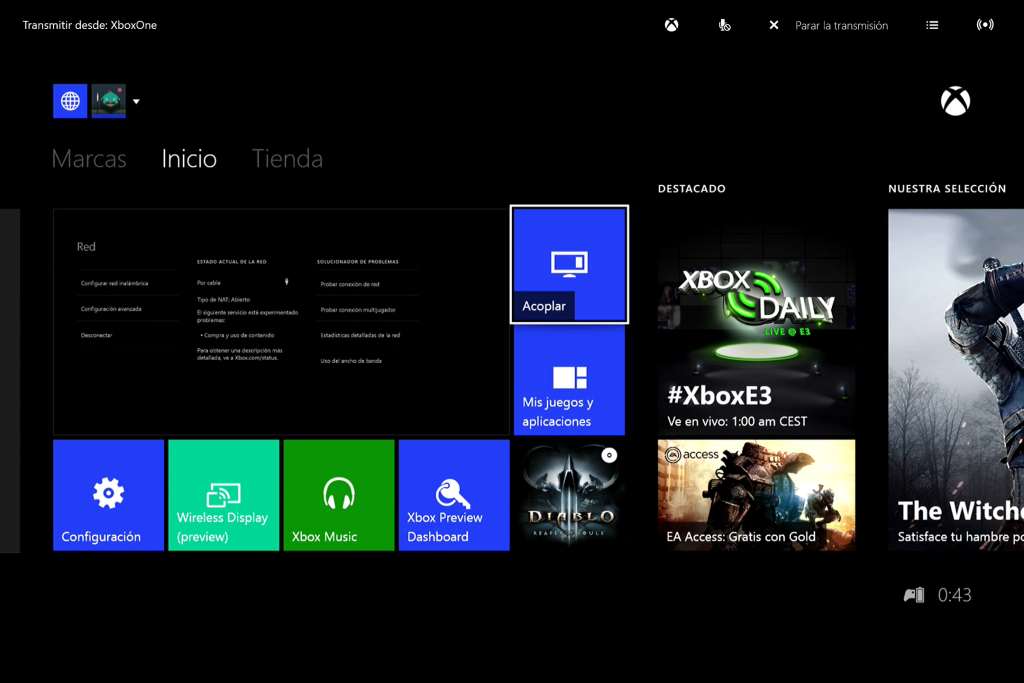 Pantalla de inicio de Xbox One en streaming