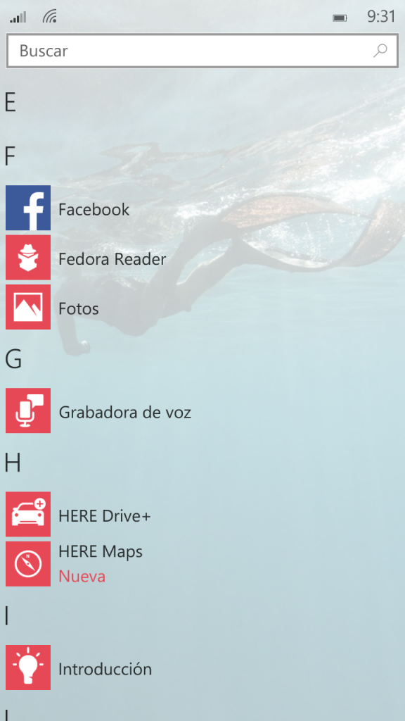 Captura de pantalla lista aplicaciones Windows 10 Mobile
