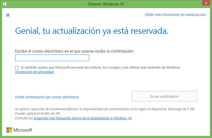 Tras unos sencillos pasos reservamos la actualización a Windows 10 y nos podrán informar más por e-mail