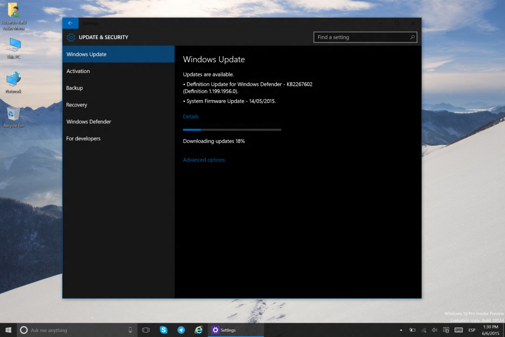 Los ajustes en Windows 10 con el tema oscuro