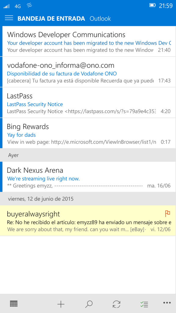 Captura a la pantalla de la app de correo de Outlook