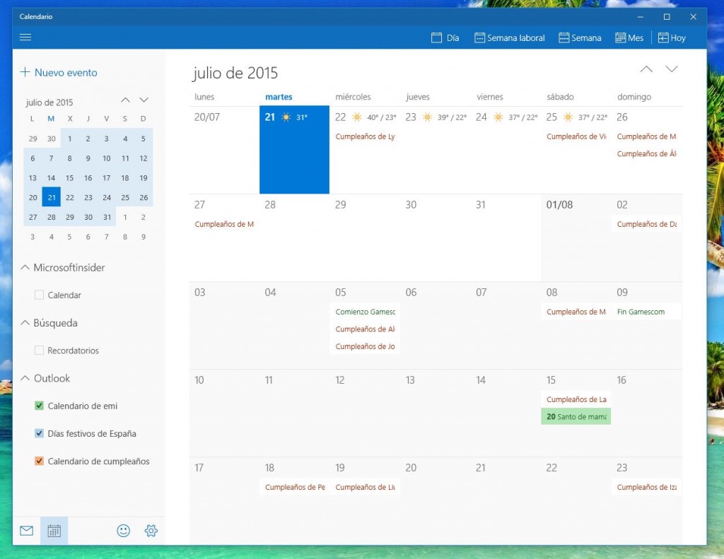 Captura de la aplicación de Calendario de Outlook