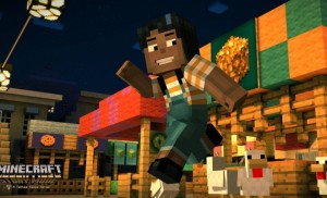 Personaje moreno junto a unas gallinas de Minecraft: Story Mode