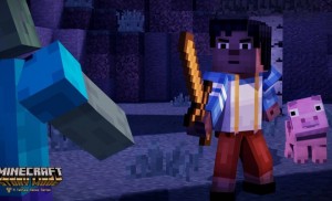 Personaje de Minecraft: Story Mode dispuesto a enfrentarse a un enemigo