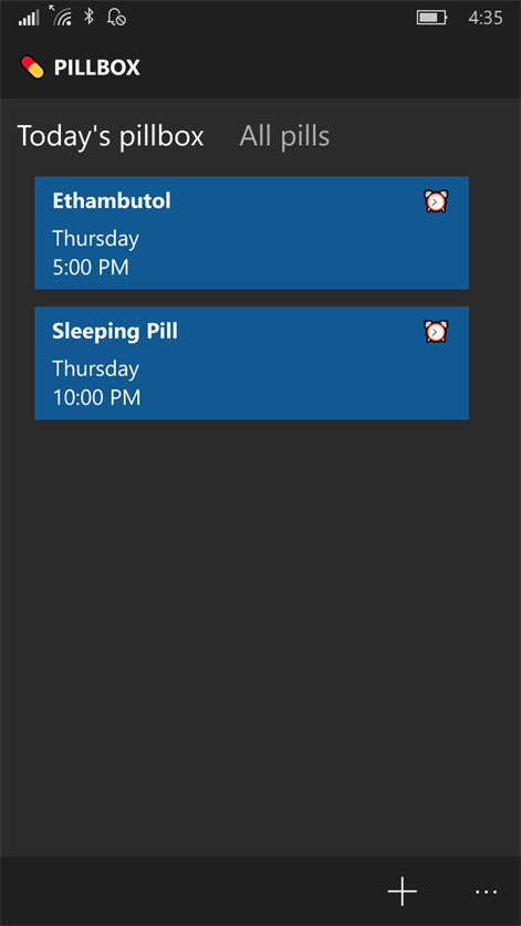 Captura de pantalla mostrando Today's Pillbox